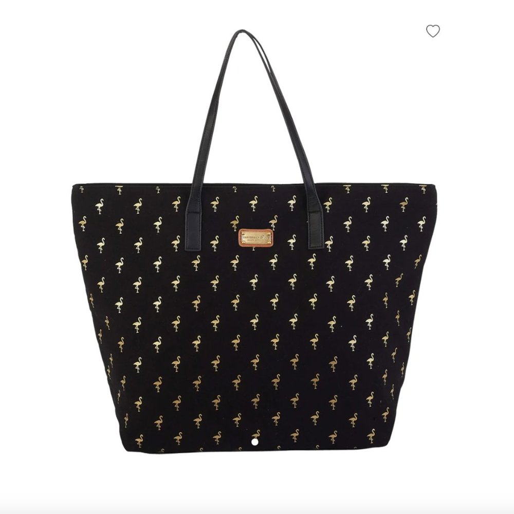 CARIBBEAN JOE BLACK AND GOLD FLAMINGO VACATION TOTE BAG
